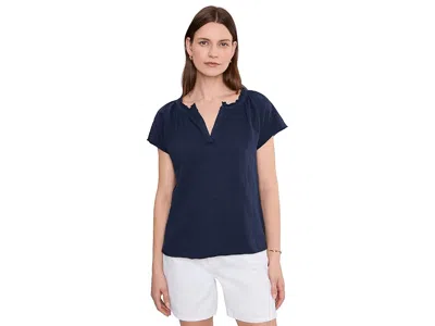 Mod-o-doc Short Sleeve Ruffle Henley Swing Top In Blue
