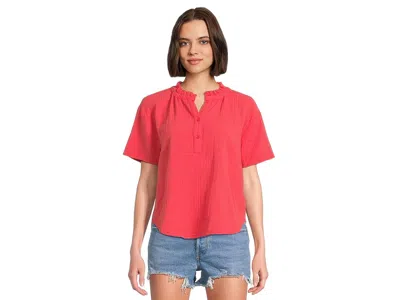 Mod-o-doc Short Sleeve Ruffle Neck Henley Top Women's Clothing Glazed Cherry: Sm (us 4-6) In Red