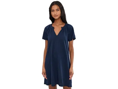 Mod-o-doc Short Sleeve Shirred Split-neck Dress In Blue