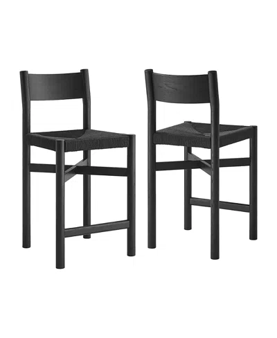 Modway Alvia Oak Wood Counter Stools With Woven Seats, Set Of 2 In Black