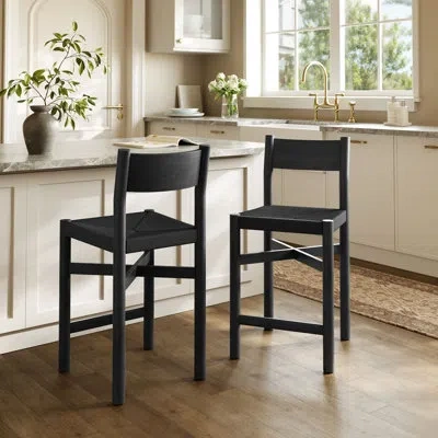 Modway Alvia Oak Wood Counter Stools With Woven Seats Set Of 2 In Black