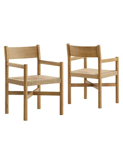 Modway Alvia Oak Wood Dining Armchairs With Woven Seats, Set Of 2 In Brown