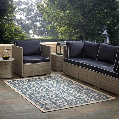 Modway Ariana Vintage Floral Trellis 9x12 Indoor And Outdoor Area Rug In Blue;beige