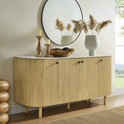 Modway Caldera 60" Curved Solid Wood And Marble Sideboard Storage Cabinet In Natural