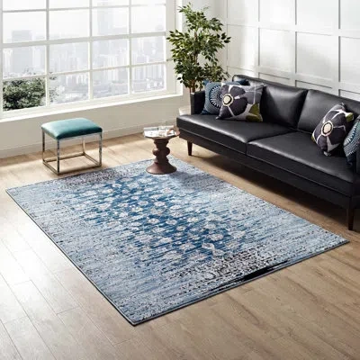 Modway Chiara Distressed Floral Lattice Contemporary Area Rug By  In Blue,ivory