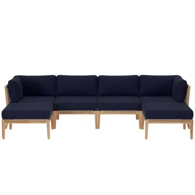 Modway Clearwater Outdoor Patio Teak Wood 6-piece Sectional Sofa In Navy