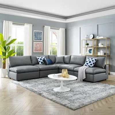 Modway Commix Down Filled Overstuffed Vegan Leather 5-piece Sectional Sofa In Gray Faux Leather