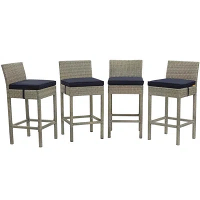 Modway Conduit Bar Stool Outdoor Patio Wicker Rattan Set Of 4 In Navy,light Grey Velvet