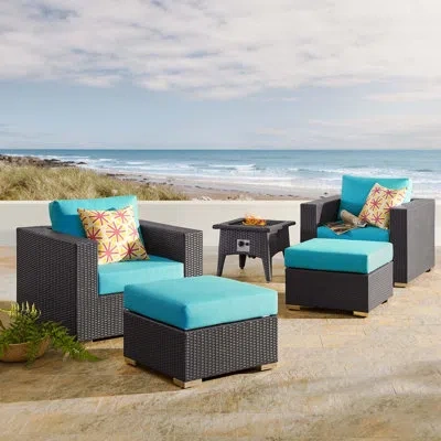 Modway Convene 5 Piece Set Outdoor Patio With Fire Pit In Turquoise