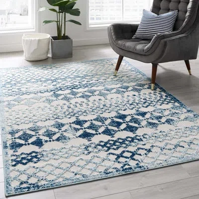 Modway Coronado Distressed Diamond Outdoor Area Rug By Havenside Home In Blue;ivory