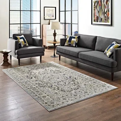 Modway Elqenna Ornate Vintage Floral Turkish Area Rug In Light Blue,cream