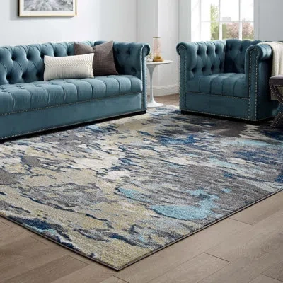 Modway Entourage Foliage Contemporary Modern Abstract Area Rug In Blue,tan,gray