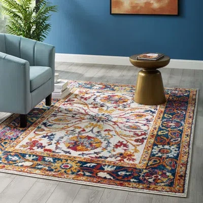 Modway Entourage Samira Distressed Vintage Floral Persian Medallion Area Rug In Multied In Ivory