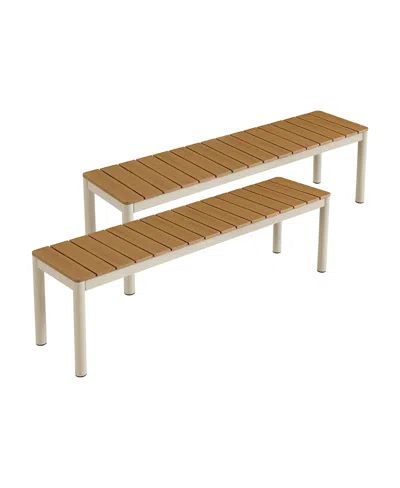 Modway Finn Outdoor Patio Aluminum Bench With Faux Wood Top, Set Of 2 In Brown