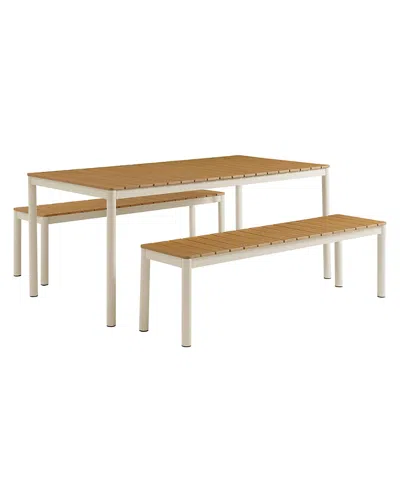 Modway Finn Outdoor Patio Aluminum Faux Wood Dining With Benches, Set Of 3 In Brown