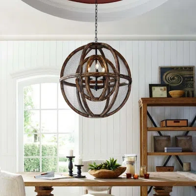 Modway Gravitate Globe Rustic Oak Wood Pendant Light Chandelier - 34 In Black Lacquered;black Lacquered