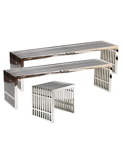 Modway Gridiron Benches, Set Of 3 In Silver