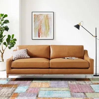 Modway Harness 83.5" Stainless Steel Base Leather Sofa By  In Tan Leather Match