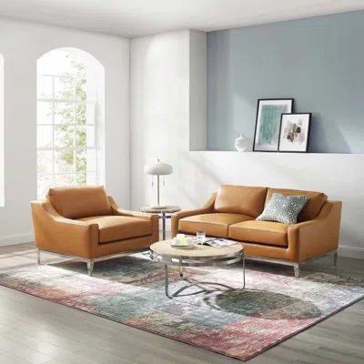 Modway Harness Stainless Steel Base Leather Sofa And Loveseat Set In Tan