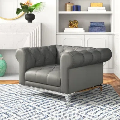 Modway Idyll Tufted Button Upholstered Leather Chesterfield Armchair In Gray Genuine Leather