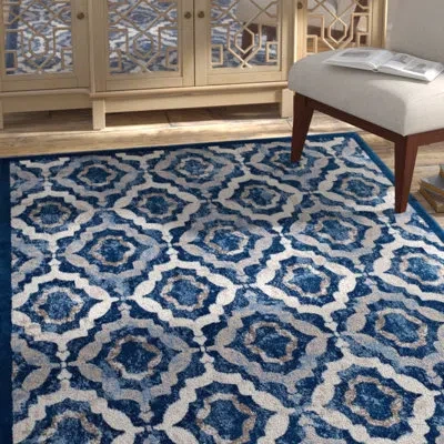Modway Kalinda Rustic Vintage Moroccan Trellis 5x8 Area Rug In Beige, Moroccan Blue And Ivory In Beige;ivory;moroccan Blue