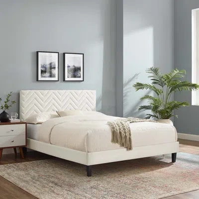 Modway Leah Chevron Tufted Performance Velvet Platform Bed In White