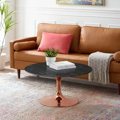 Modway Lippa 36" Round Artificial Marble Coffee Table In Rose,black,black