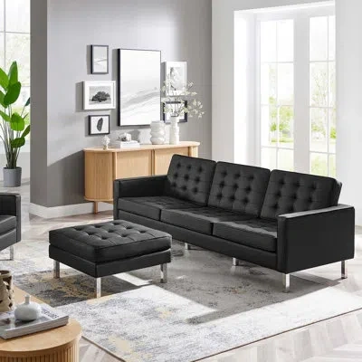 Modway Loft Tufted Vegan Leather Sofa And Ottoman Set In Black Leather Match
