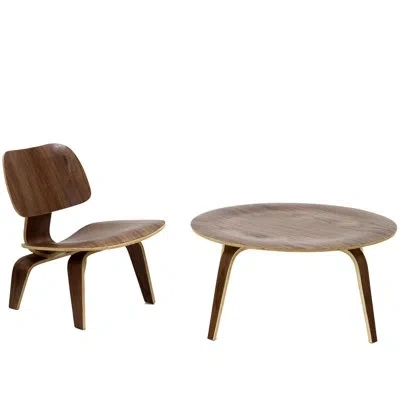 Modway Molded Plywood Walnut Coffee Table And Lounge Chair Set In Brown