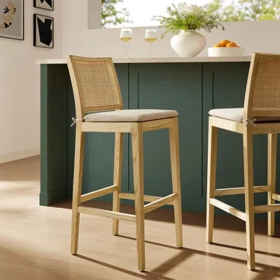 Modway Ovard Wood And Rattan Bar Stool In Beige