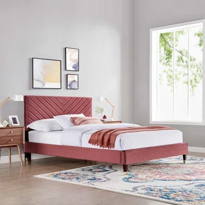 Modway Performance Velvet Queen Platform Bed In White In Dusty Rose