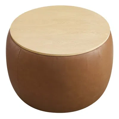 Modway Perla 26" Wide Faux Leather Round Cocktail Ottoman With Storage In Tan
