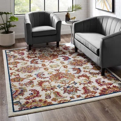 Modway Porch & Den Florentia Distressed Floral Lattice Area Rug In Ivory