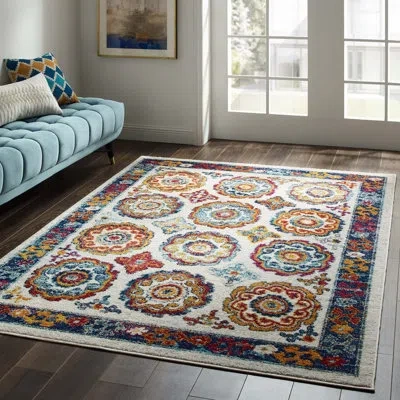 Modway Porch & Den Gardenspot Distressed Floral Trellis Area Rug In Blue;red;yellow;ivory;orange