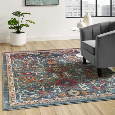 Modway Porch & Den Lanham Distressed Floral Area Rug In Blue