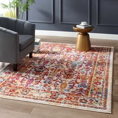 Modway Porch & Den Longwood Distressed Floral Lattice Area Rug In Red;ivory
