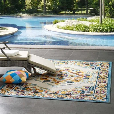 Modway Reflect Ansel Distressed Vintage Floral Persian Medallion 5x8 Indoor And Outdoor Area Rug In Multico In Gold