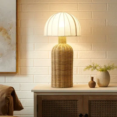 Modway Santo Rattan Table Lamp With Dome Shade In White Natural