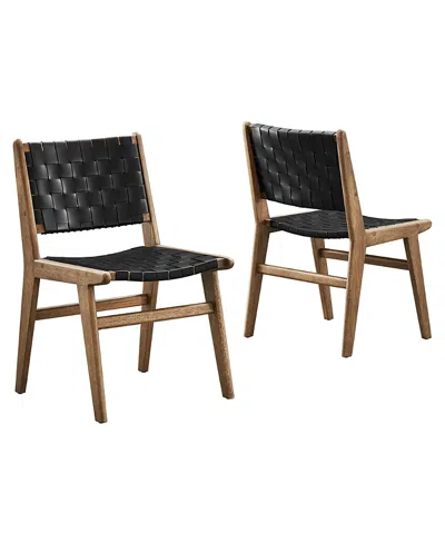 Modway Saoirse Leather Wood Dining Side Chair, Set Of 2 In Black