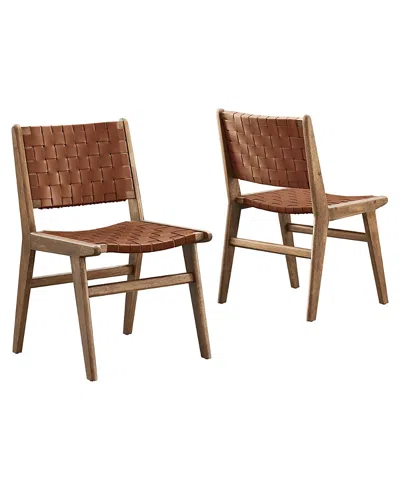 Modway Saoirse Leather Wood Dining Side Chair, Set Of 2 In Brown