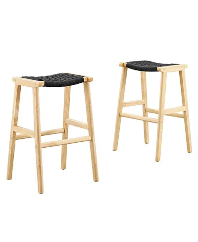 Modway Saoirse Woven Rope Wood Bar Stool, Set Of 2 In Black