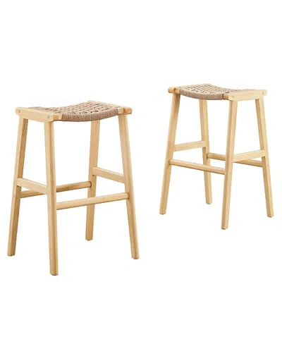 Modway Saoirse Woven Rope Wood Bar Stool, Set Of 2 In Brown