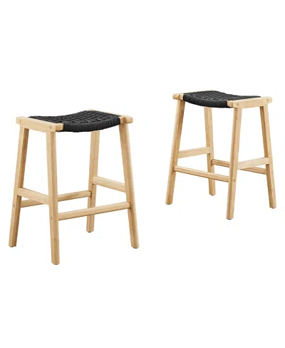 Modway Saoirse Woven Rope Wood Counter Stool, Set Of 2 In Black