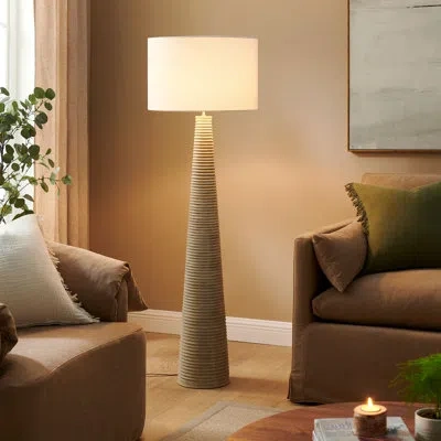 Modway Saylor Carved Ribbed Wood Floor Lamp With Drum Shade In White Gray