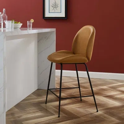 Modway Scoop Black Powder Coated Steel Leg Performance Velvet Counter Stool In Tan