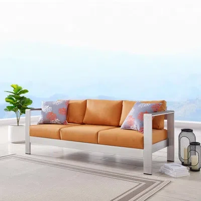 Modway Shore Outdoor Patio Aluminum Sofa In Silver Orange