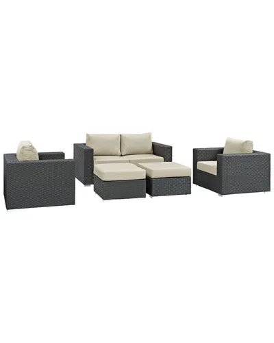 Modway Sojourn 5pc Outdoor Patio Wicker Rattan Sunbrella Sectional Set In Black