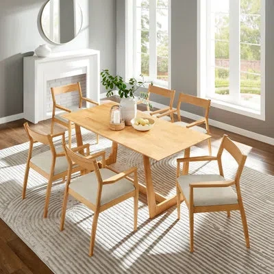 Modway Solara 7-piece Wood Dining Set With Fabric Upholstered Armchairs Heathered Weave Beige In Natural