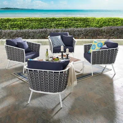 Modway Stance 5 Piece Outdoor Patio Aluminum Sectional Sofa Set In Navy,white