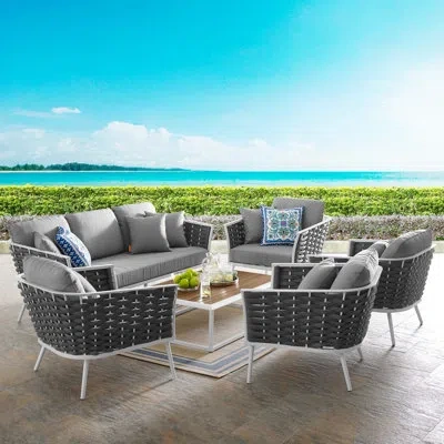 Modway Stance 6 Piece Outdoor Patio Aluminum Sectional Sofa Set In Gray,white